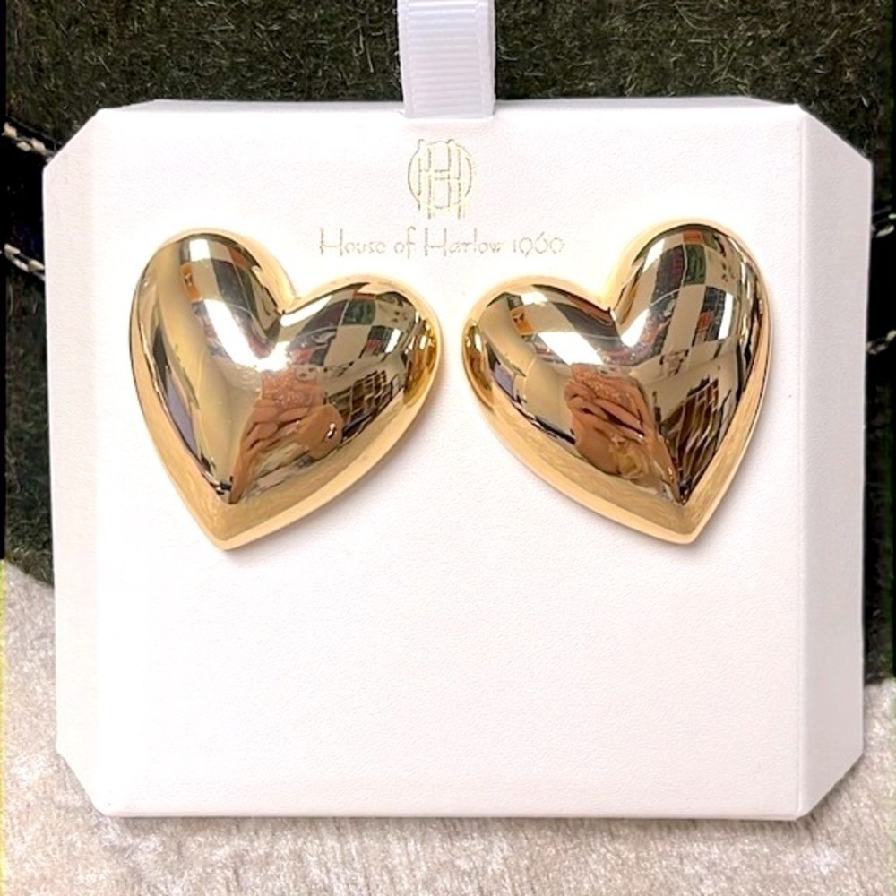 Brand New House of Harlow 1960 Large Gold Tone Bubble Balloon Heart Earrings